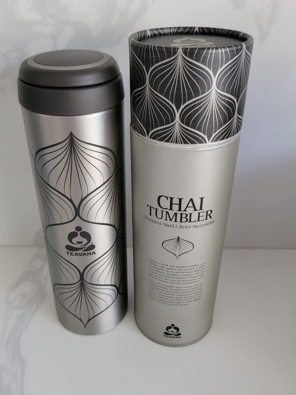 Teavana Silver & Black Chai Tumbler with Patterned Sleeve